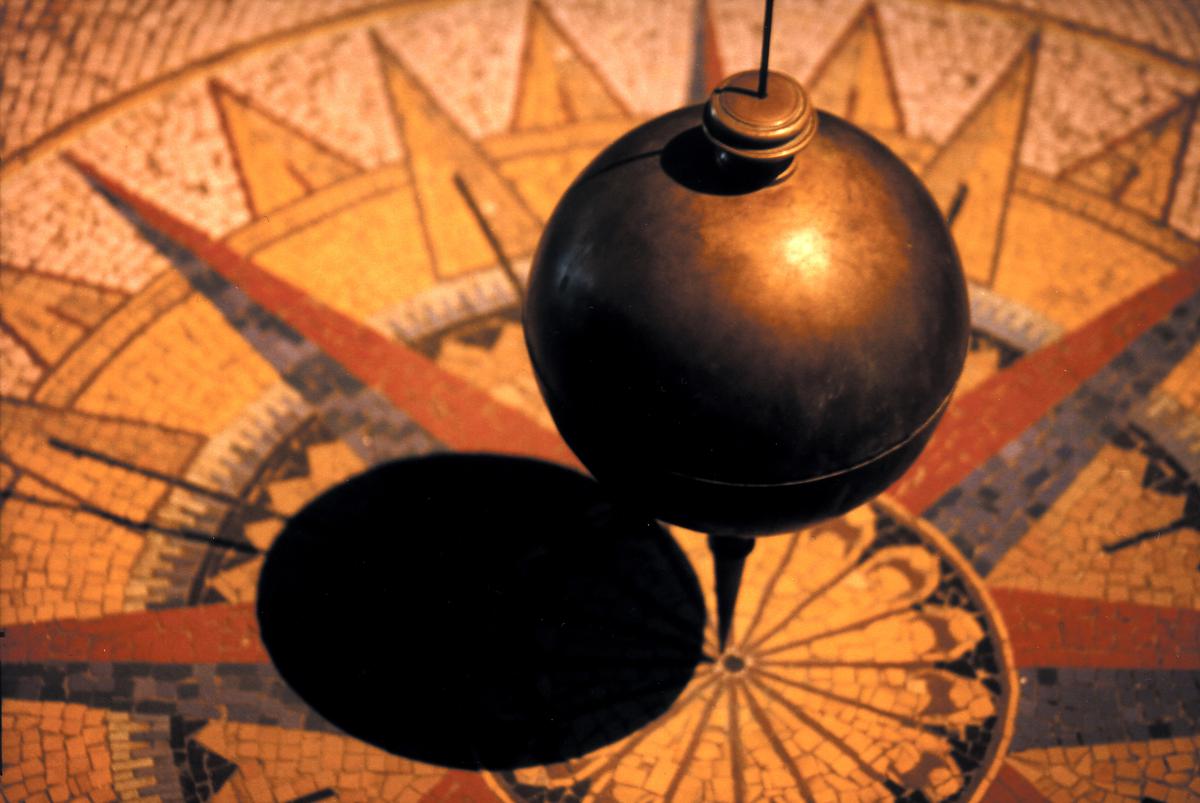 A Foucault pendulum swings inside the new Parliament