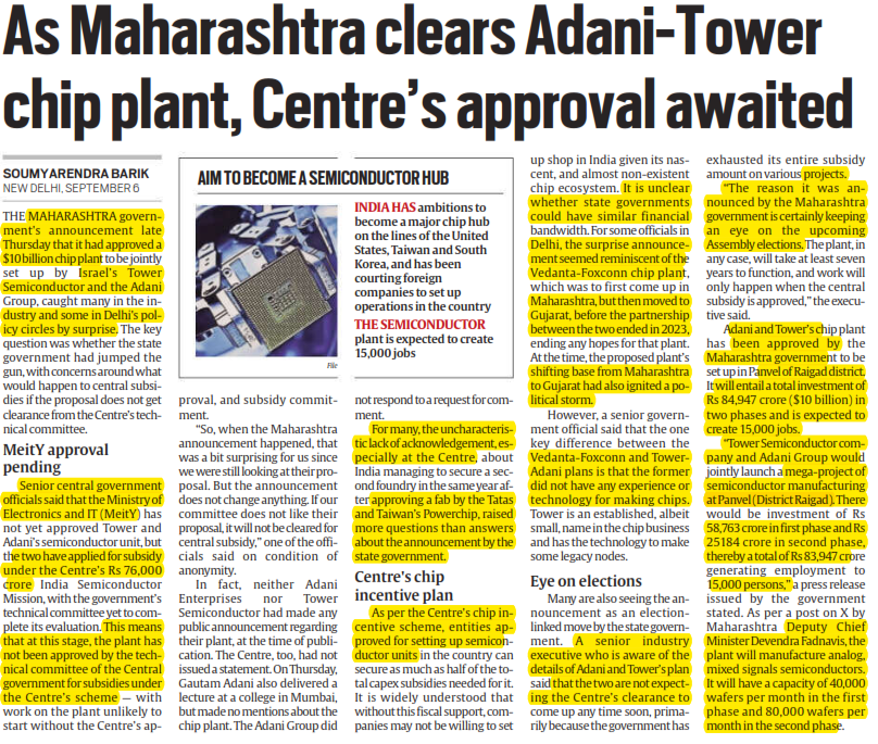 As Maharashtra clears Adani-Tower chip plant, center’s approval awaited