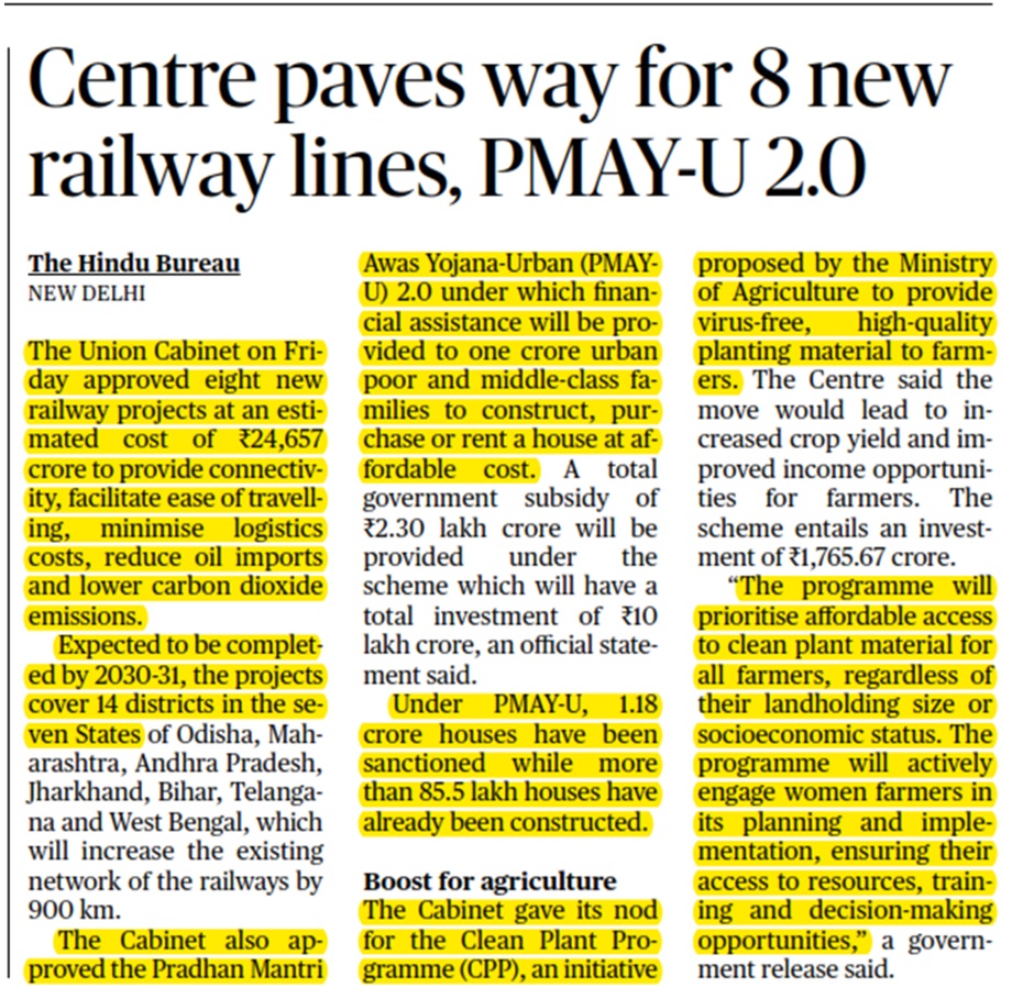 Centre paves way for 8 new railway lines, PMAY-U 2.0