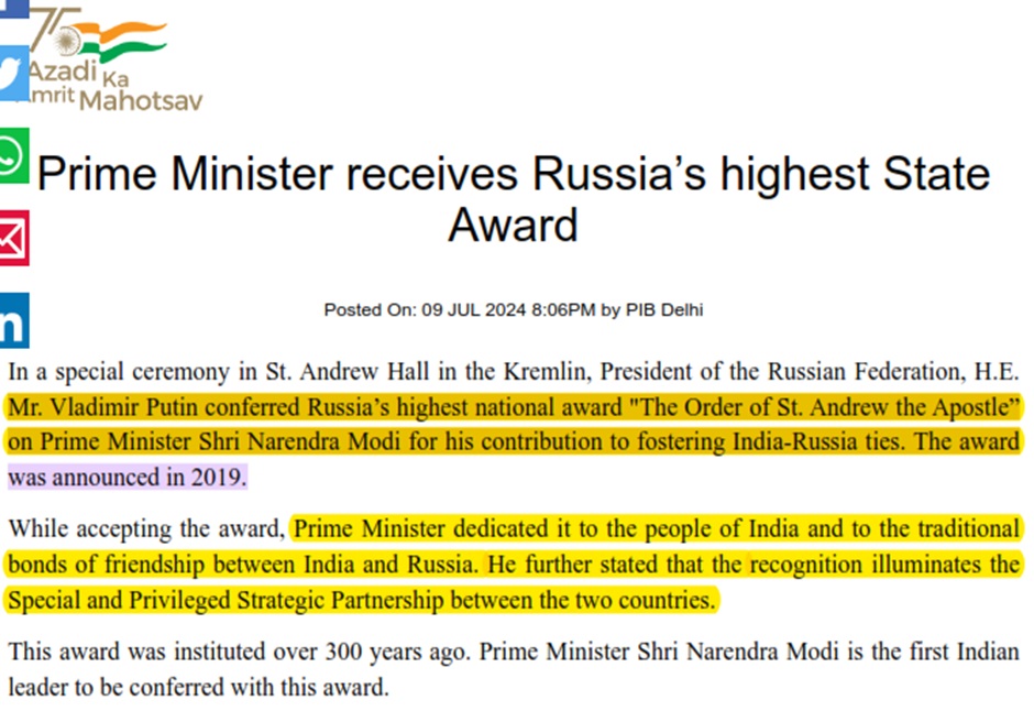 Prime Minister receives Russia’s highest State Award