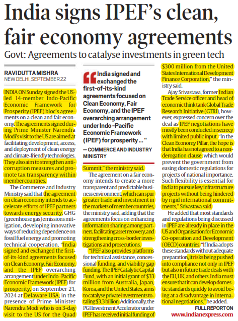 India signs IPEF's clean,fair economy agreements