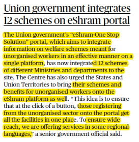 Union government integrates 12 schemes on eShram portal