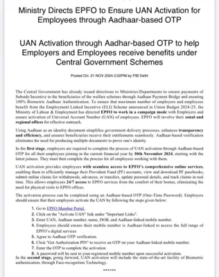 EPFO to Ensure Universal Account Number (UAN) Activation via Aadhaar OTP