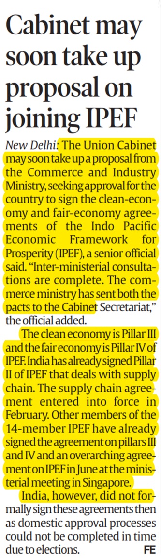 Cabinet nod soon for India to join US-led IPEF trade pact