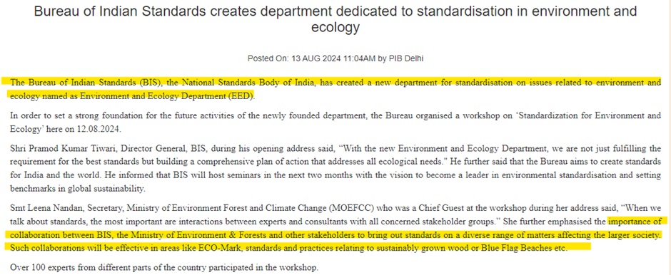 Bureau of Indian Standards organises workshop on ‘Standardization for Environment and Ecology’