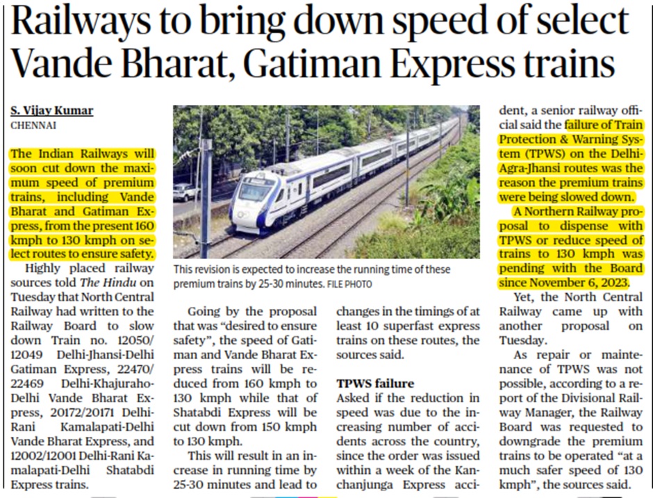 Railways to bring down speed of select Vande Bharat, Gatiman Express trains