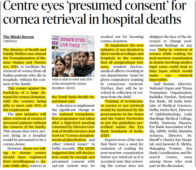 Centre eyes ‘presumed consent’ for cornea retrieval in hospital deaths