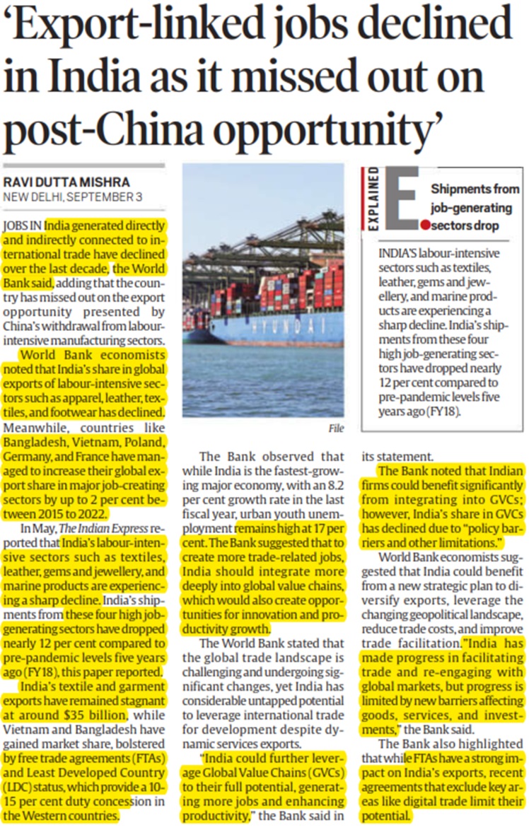 Export linked jobs declined in India as it missed out on post China opportunity