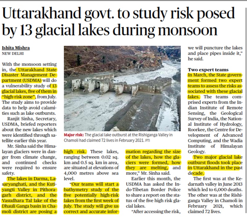Uttarakhand govt. to study risk posed by 13 glacial lakes during monsoon