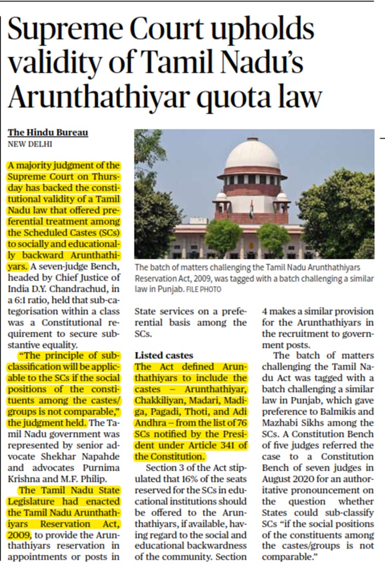 Supreme Court upholds validity of Tamil Nadu’s Arunthathiyar quota law