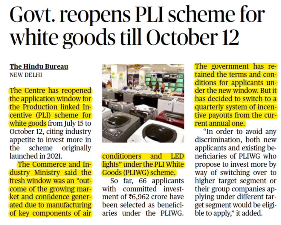 Govt. reopens PLI scheme for white goods till October 12