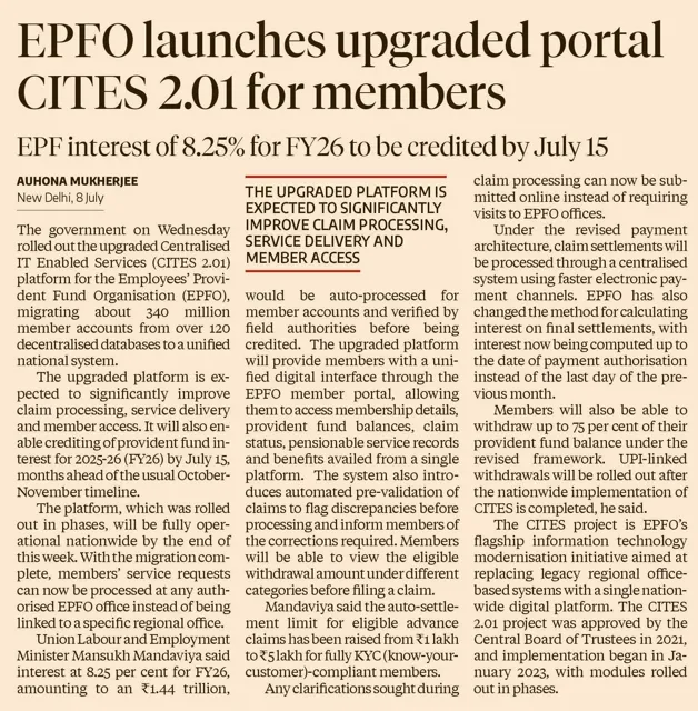 EPFO Launches Upgraded CITES 2.01 Platform for Faster Services and Early FY26 Interest Credit
