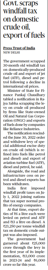 Govt. scraps windfall tax on domestic crude oil, export of fuels