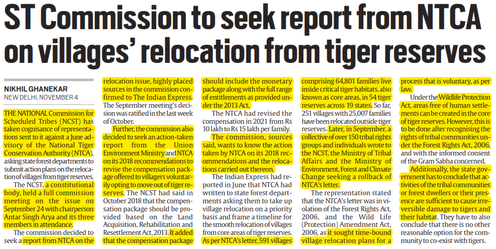 ST Commission to seek report from NTCA on villages' relocation from tiger reserves