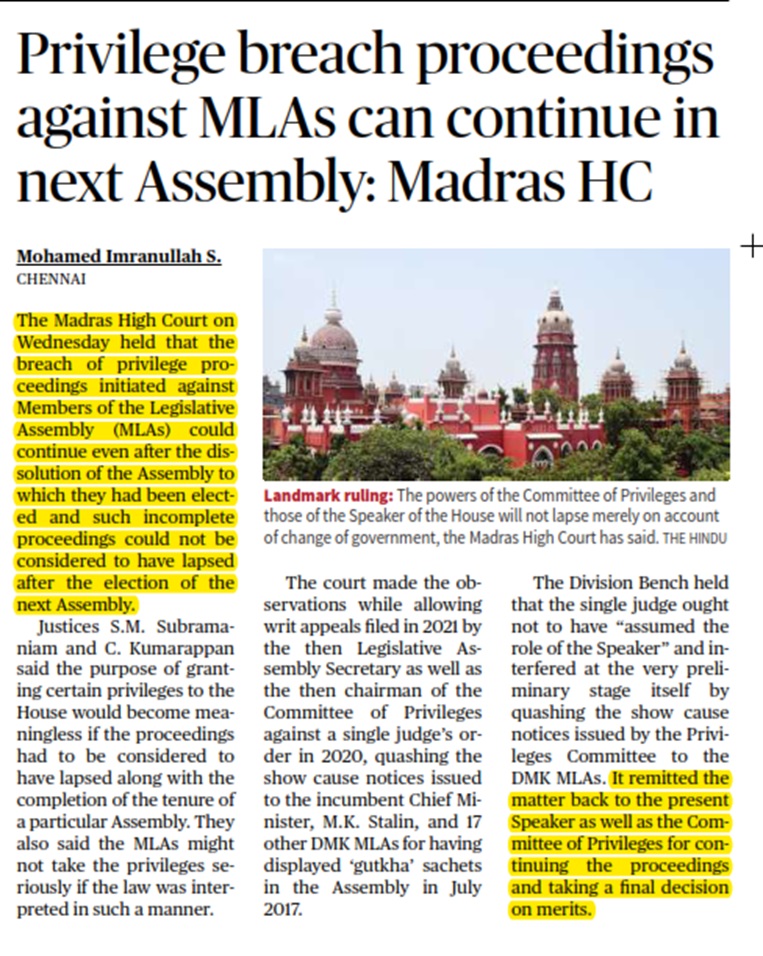 Privilege breach proceedings against MLAs can continue in next Assembly: Madras HC