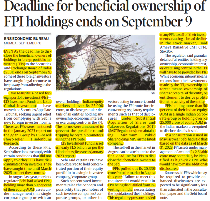 Deadline for beneficial Ownership of FPI holdings end on September 9