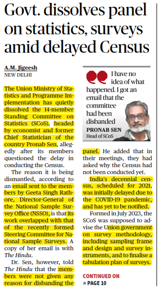 सरकार ने जनगणना में देरी के बीच सांख्यिकी, सर्वेक्षण पर पैनल को भंग कर दिया
