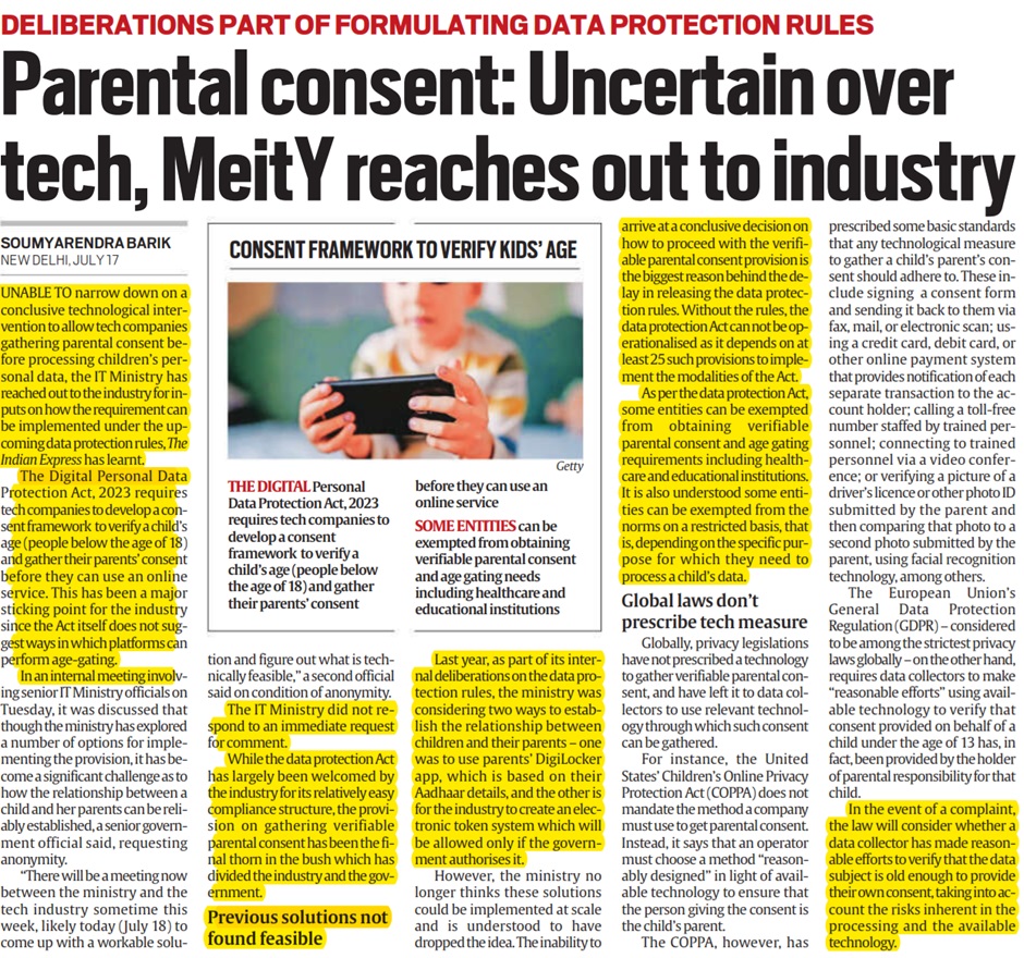 माता-पिता की सहमति: तकनीक को लेकर अनिश्चितता, MeitY ने उद्योग जगत से संपर्क किया