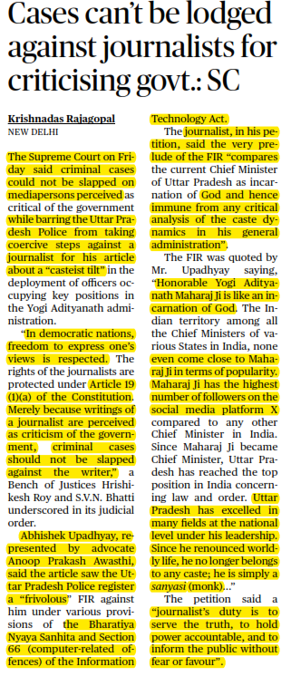 Cases can’t be lodged against journalists for criticising govt.: SC