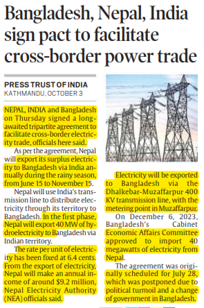 Bangladesh, Nepal, India sign pact to facilitate cross-border power trade