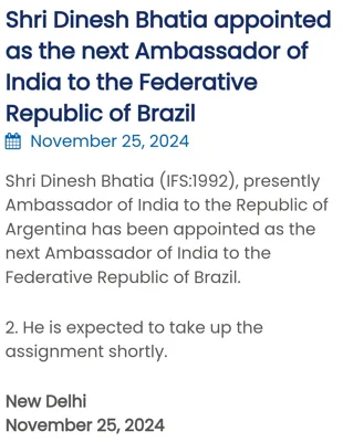 Shri Dinesh Bhatia Appointed as India's Ambassador to Brazil