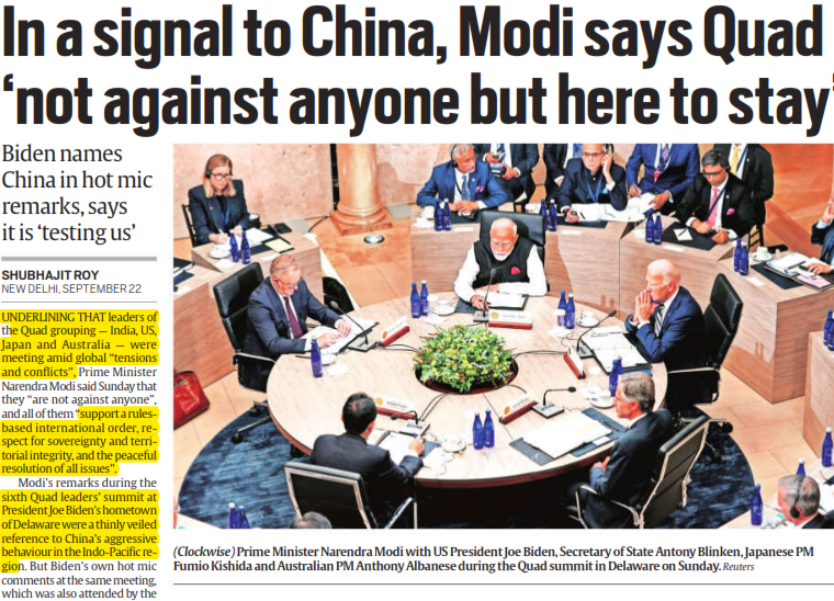 चीन को संकेत देते हुए मोदी ने कहा कि क्वाड 'किसी के खिलाफ नहीं, बल्कि यहीं रहेगा'
