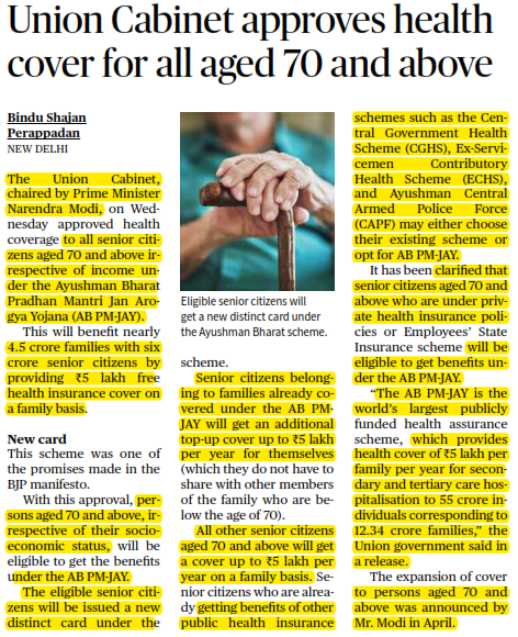 Union Cabinet approves health cover for all aged 70 and above