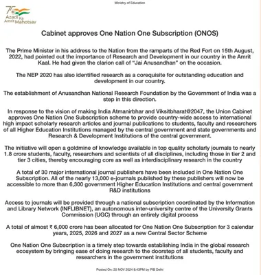 Union Cabinet Approves One Nation One Subscription (ONOS) Scheme to Enhance Research Accessibility