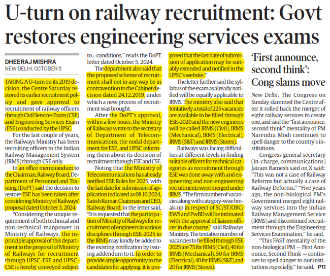 U-turn on railway recruitment: Govt restores engineering services exams