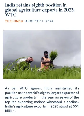 India Maintains Its Position as the World's Eighth-Largest Agricultural Exporter in 2023