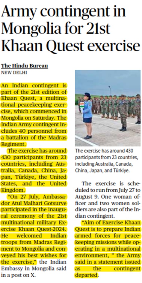 Army contingent in Mongolia for 21st Khaan Quest exercise