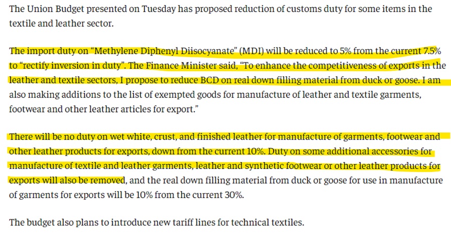 Centre slashes customs duty on certain inputs for textile and leather industries
