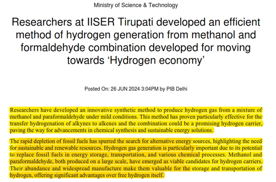 Researchers at IISER Tirupati developed an efficient method for moving towards ‘Hydrogen economy