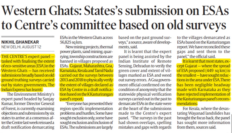 Western Ghats: States’s submission on ESAs to Centre’s committee based on old surveys