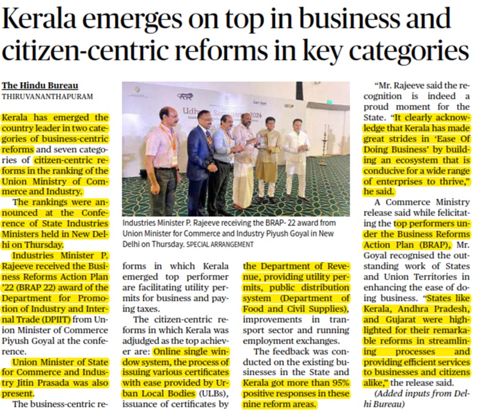 Kerala emerges on top in business and citizen-centric reforms in key categories