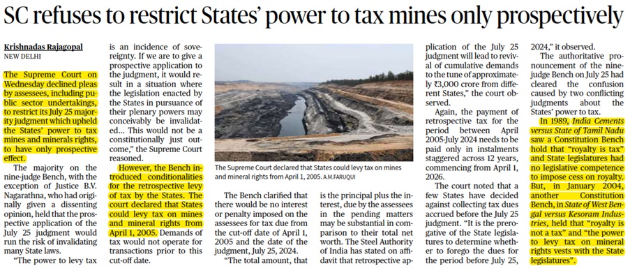 SC refuses to restrict States’ power to tax mines only prospectively