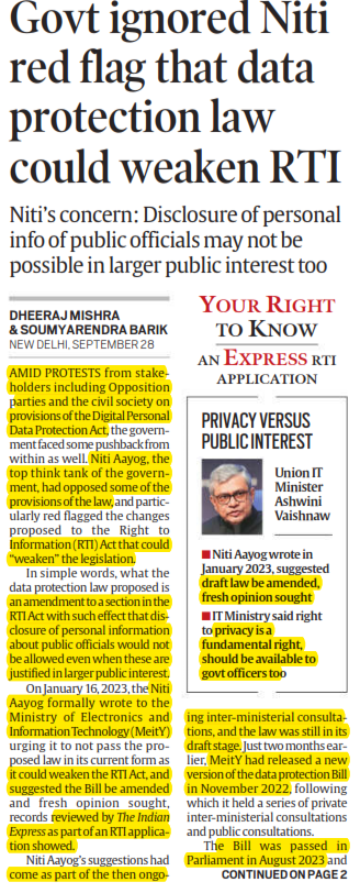 Govt ignored Niti red flag that data protection law could weaken RTI