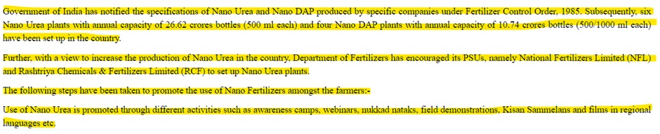 Government of India promotes the use of Nano Fertilizers amongst the farmers