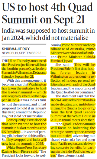 US to host 4th QUAD Summit on Sept 21
