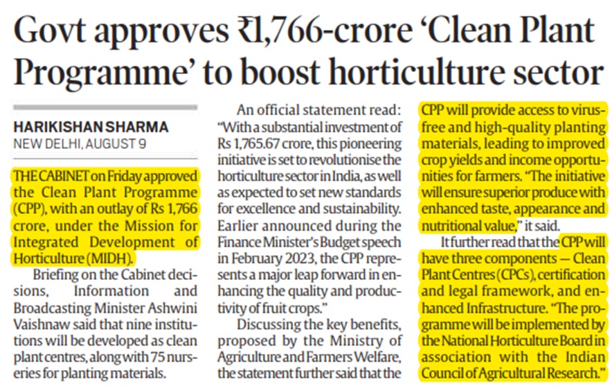 Govt approves Rs 1,766-crore ‘Clean Plant Programme’ to boost horticulture sector