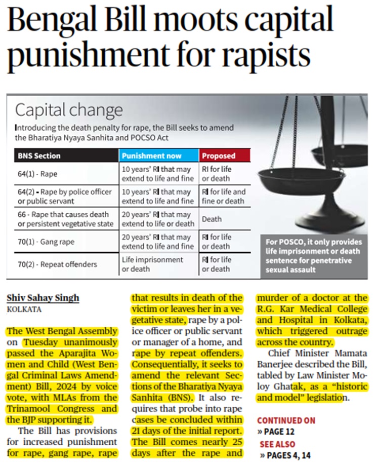 Bengal Bill moots capital punishment for rapists