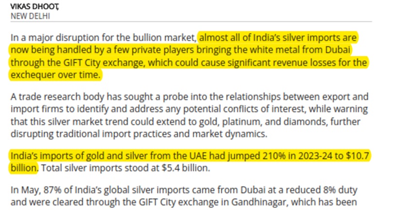 Red flags raised over silver imports from UAE through GIFT City