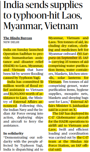 India sends supplies to typhoon-hit Laos, Myanmar, Vietnam