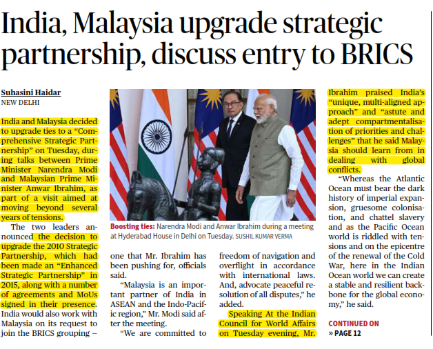 India,Malaysia upgrade strategic partnership, discuss entry to Brics