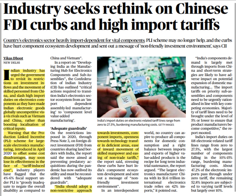 Industry seeks rethink on Chinese FDI curbs and high import tariffs