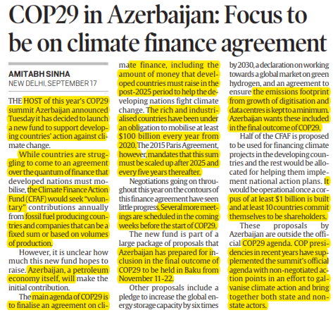 COP29 in Azerbaijan: Focus to be on climate finance agreement