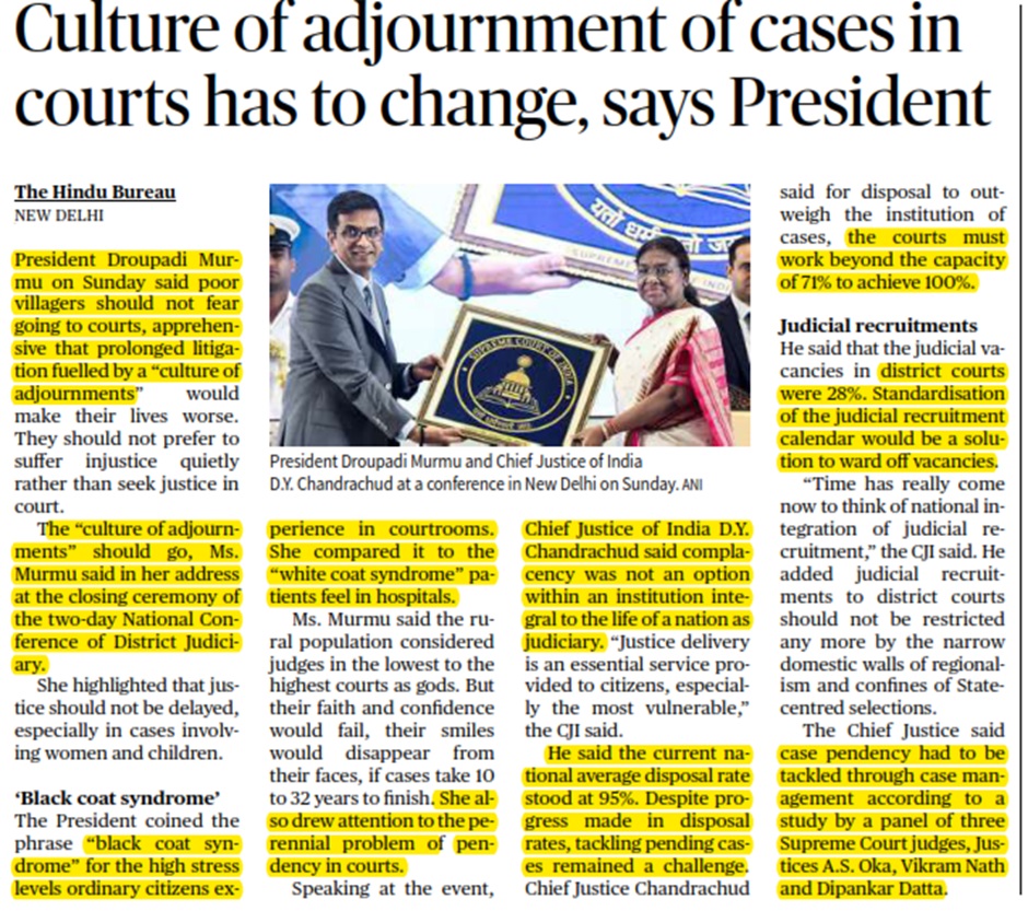 Culture of adjournment of cases in courts has to change, says President