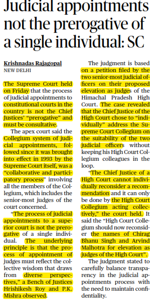 न्यायिक नियुक्तियाँ किसी एक व्यक्ति का विशेषाधिकार नहीं: SC