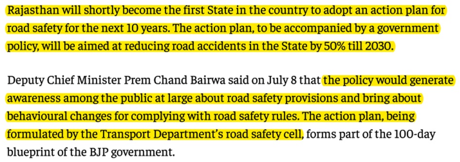 Rajasthan to become first State to adopt a road safety action plan for 10 years