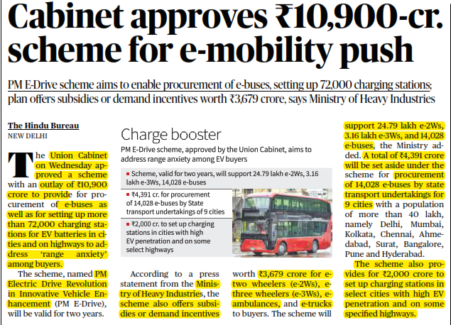 Cabinet approves ₹10,900-cr. scheme for e-mobility push